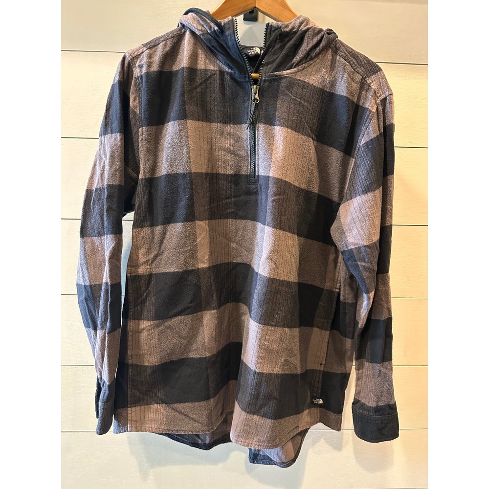 The North Face Womens Brown Black Plaid Flannel Quarter Zip Hoodie Size Medium